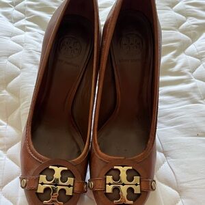 Tory Burch Brown Leather Heels with Gold Logo